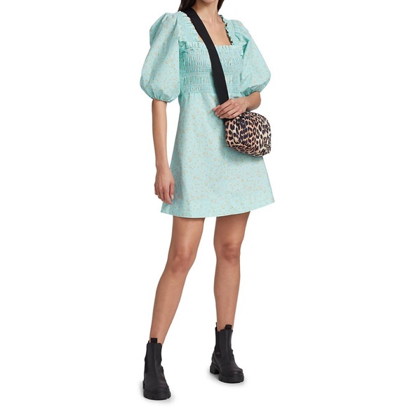 Ganni Dresses & Skirts - NWT GANNI Smocked Top Regal Puff Sleeve Floral Cotton Mini Dress size 42 / US 10